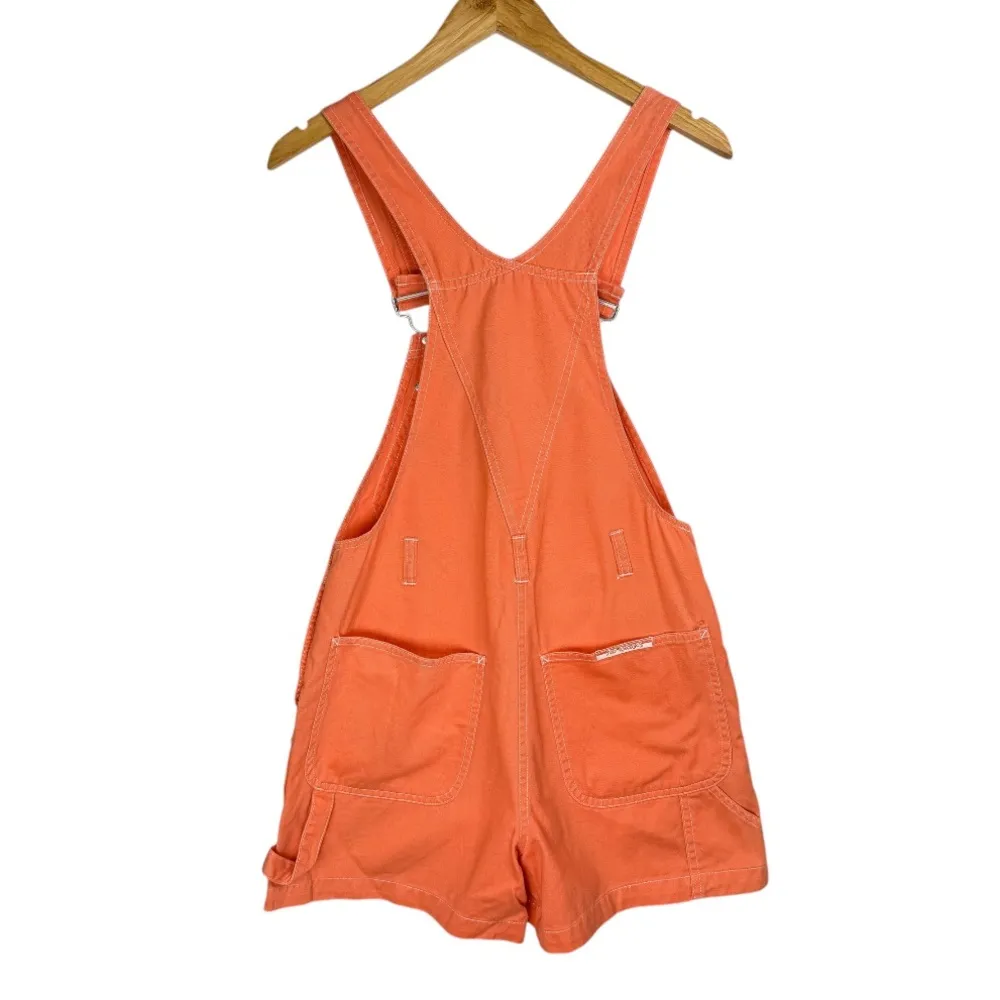Vtg Y2K No Excuses Bib Shortalls Sz Small Bright Orange Cotton Denim Utility - Image 2
