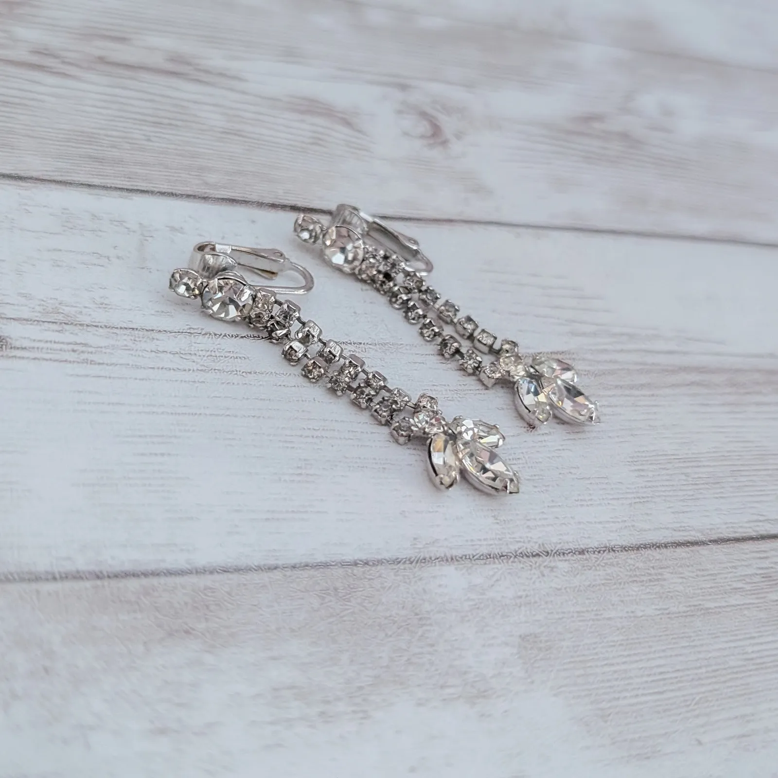 Vintage Clip On Earrings Clear Gem Dangle Long 2 & 1/8" Silver - Image 3