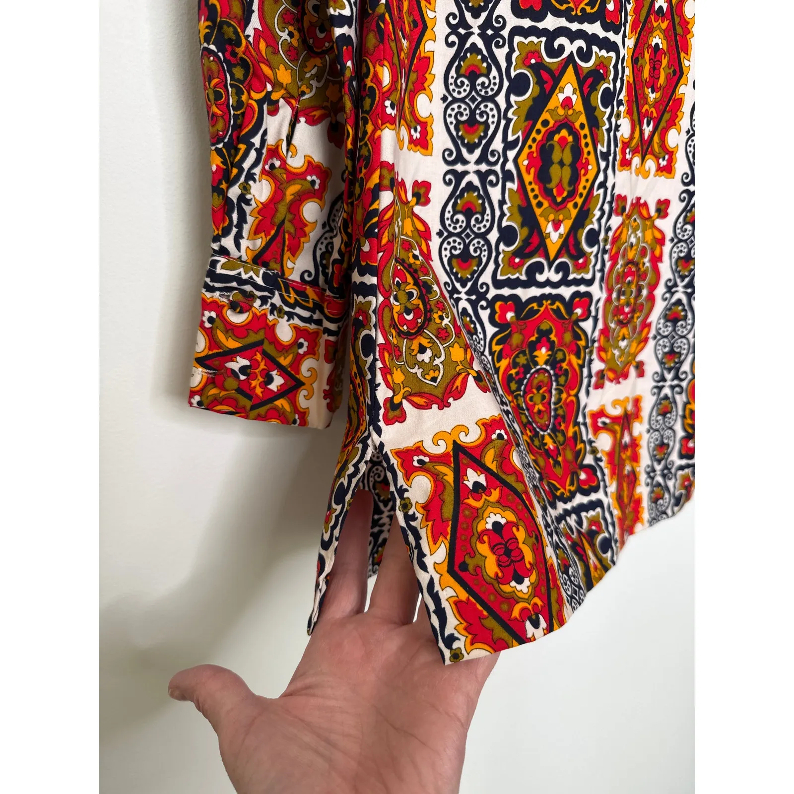 Vintage 1970s Bold Print Cotton dagger collar Shirt Boho Mod Festival medium - Image 10