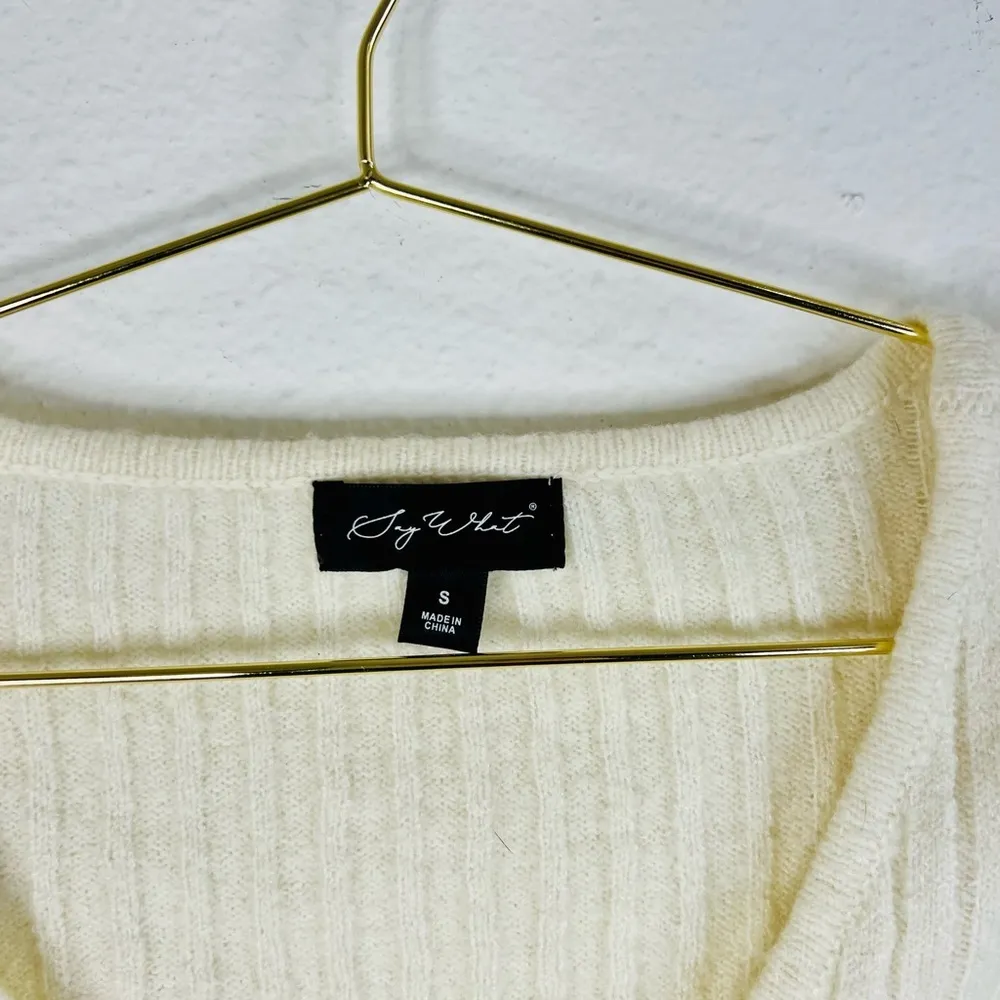 Say What Women’s Ivory Ribbed Knit Cropped Cardigan Sweater Small Zip-Up V-Neck - Image 4