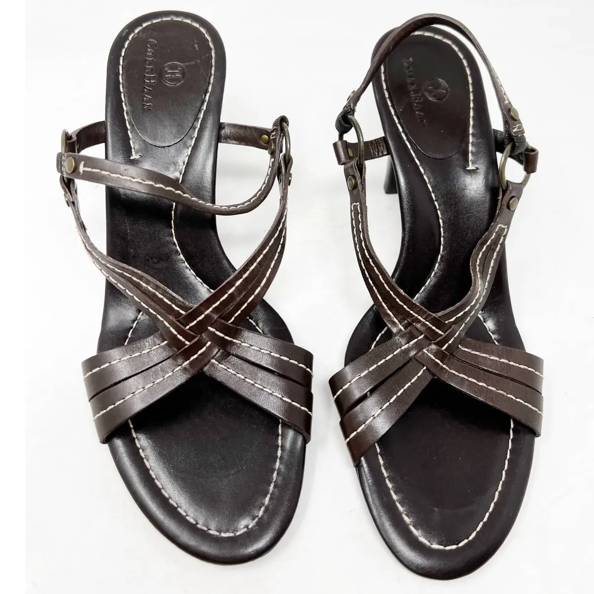 Cole Haan Leather Stitch Detail Slingback Sandal‎ Heel Brown Size 9B - Image 1