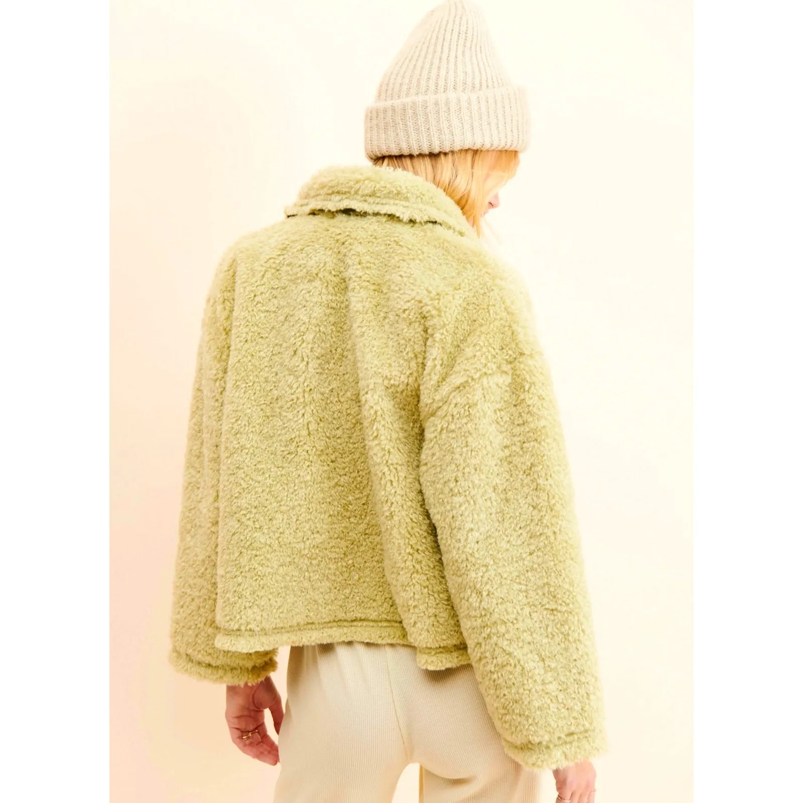 Free People Moon River Sherpa Collared Jacket Pale Lime size S - Image 4