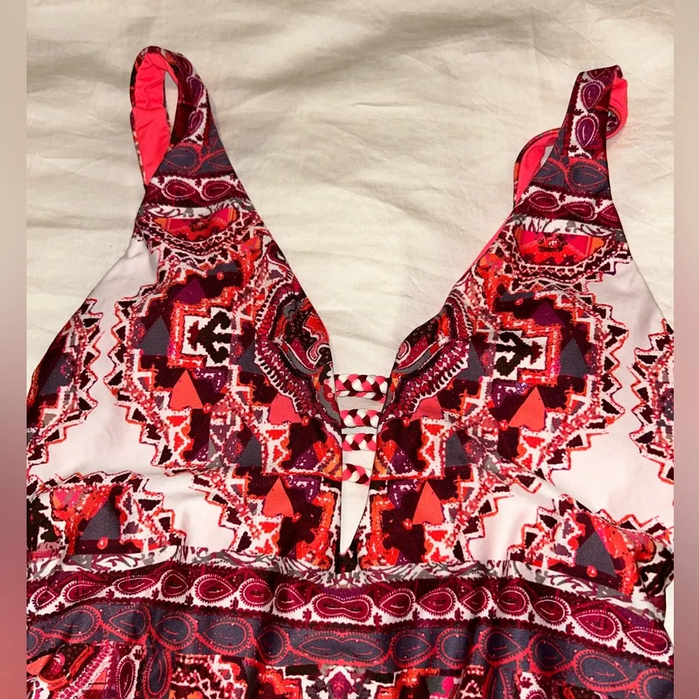 becca pink aztec print patterned one piece open back swimsuit - Image 8