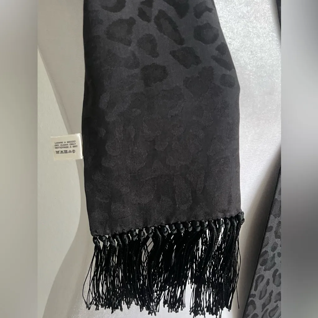 Saint Laurent Silk  Black Leopard Patterned Opera Scarf with fringe - Image 5