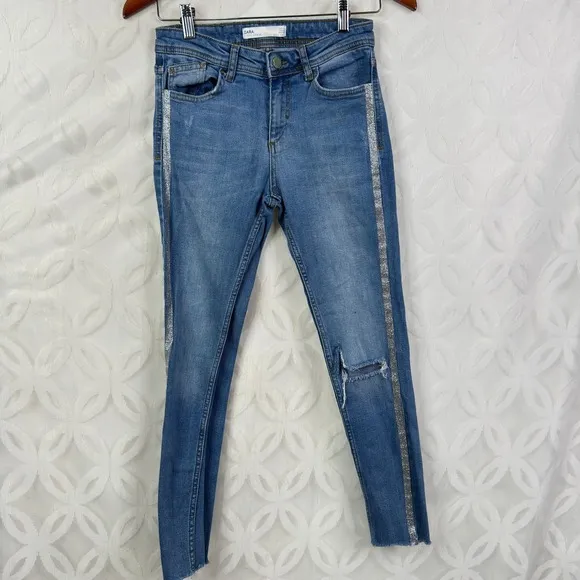 Zara‎ Z1975 Denim Distressed Glitter Tuxedo Stripe Skinny Jeans Size 4 - Image 4