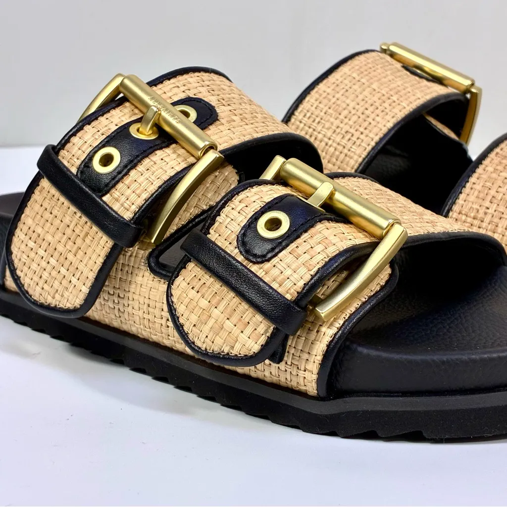 All Saints Sian Raffia Sandals Woven Big Buckle Natural Black 8.5 NEW - Image 7