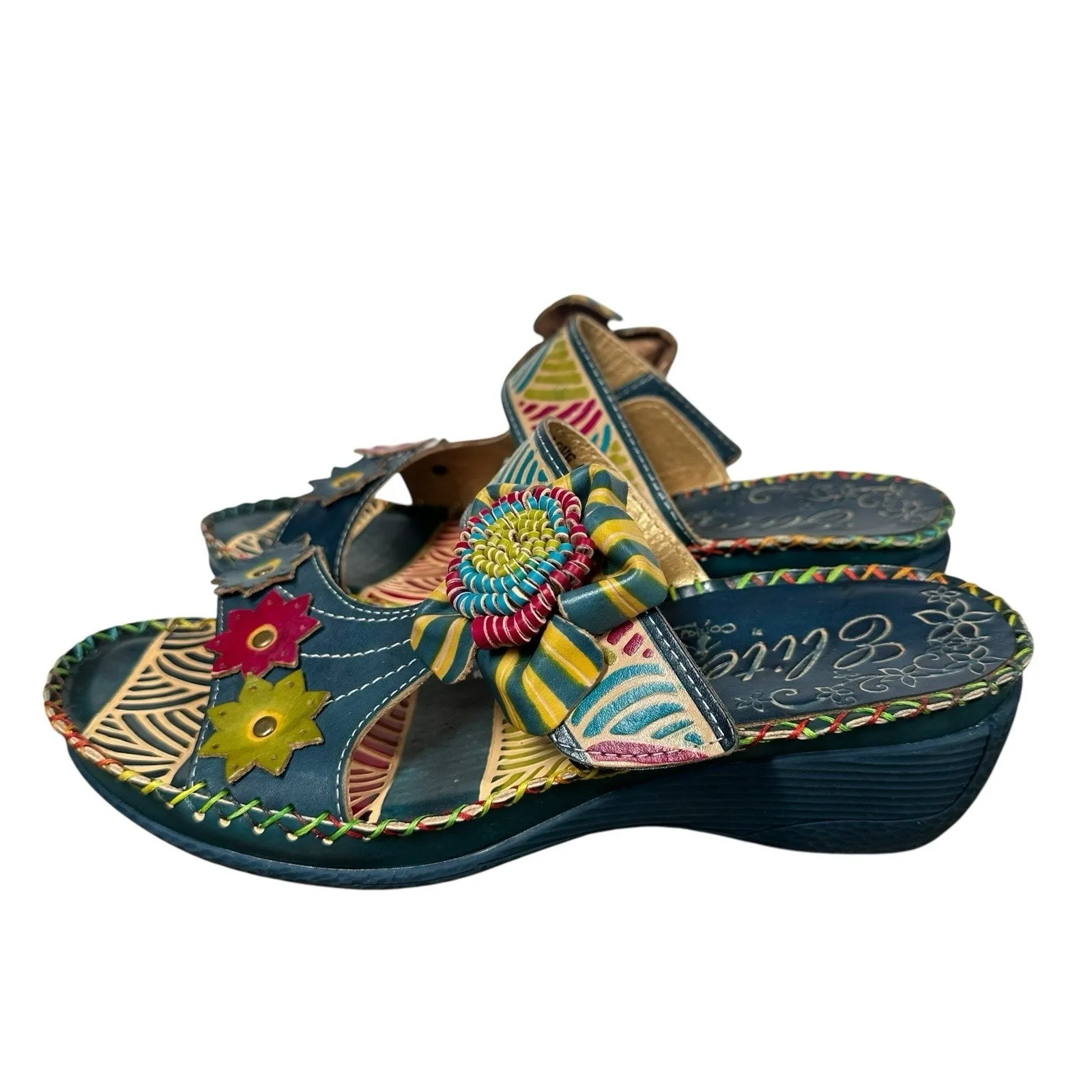 Elite by Corkys Love Wedge Sandals Slides Blue Multicolor Leather Sz 9 NEW Artsy - Image 6