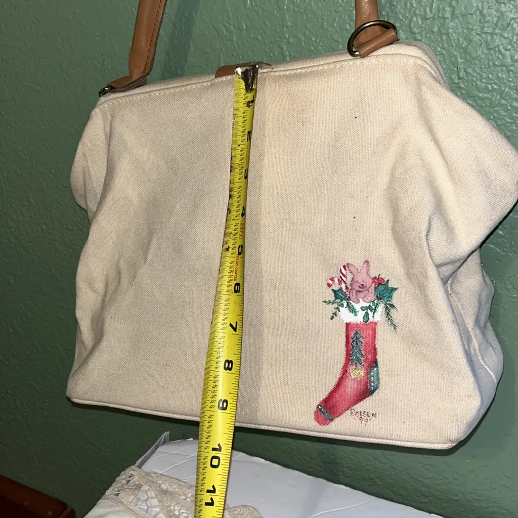 Vintage Hand painted Santa Canvas Tote Bag with Tan Handles Christmas Purse - Image 7