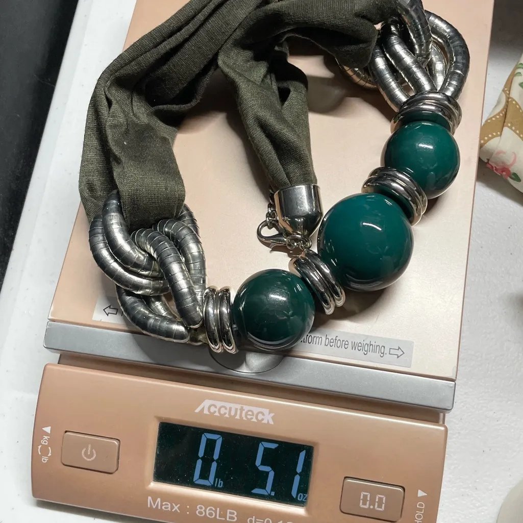 Chunky Beaded Statement Necklace Mixed Media Fabric Metal Green Silver Bohemian - Image 7