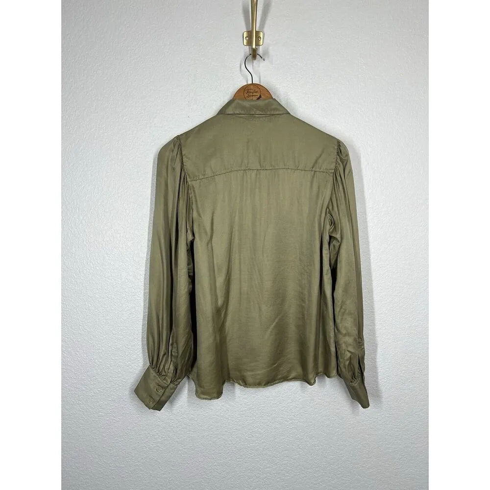 Hale Bob Satin Button Front Top Small Silk Blend Olive Puff Sleeves - Image 7