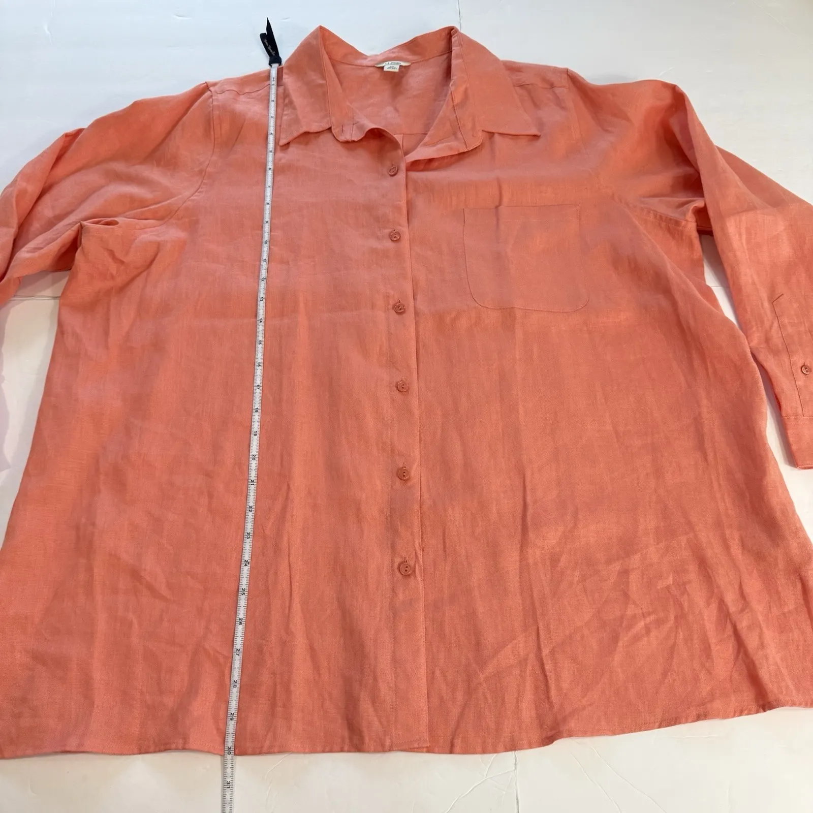 LL Bean Coral Orange Premium Washable Linen Long Sleeve Button Up Shirt Size 1X - Image 9