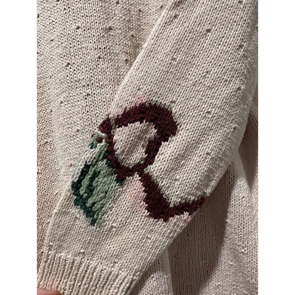 Vntg Talbots Christmas Holly Poinsettia Sweater Womens XL Bow Ivory Knit By Hand - Image 8