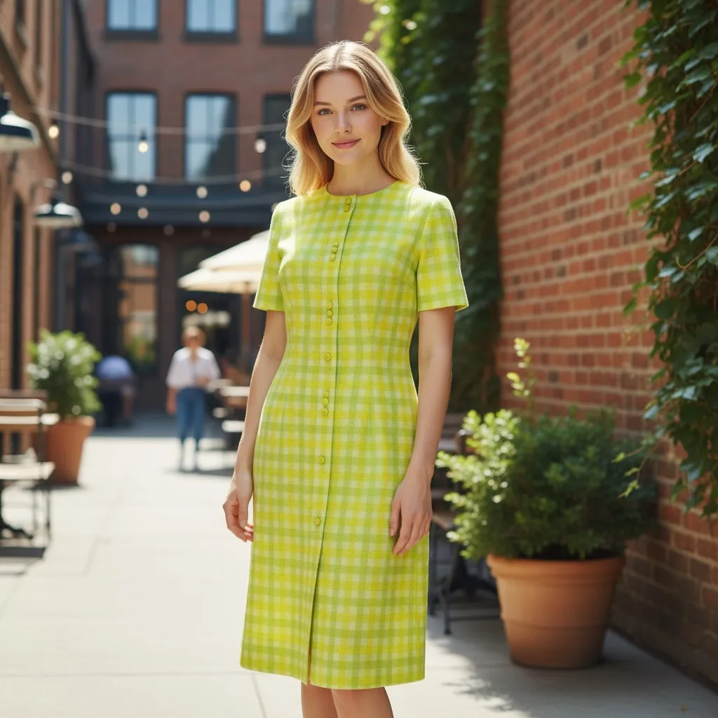 Vintage 60s Mod Sheath Dress Neon Yellow Gingham Check Short Sleeve, M/L Fit Size undefined - Image 13