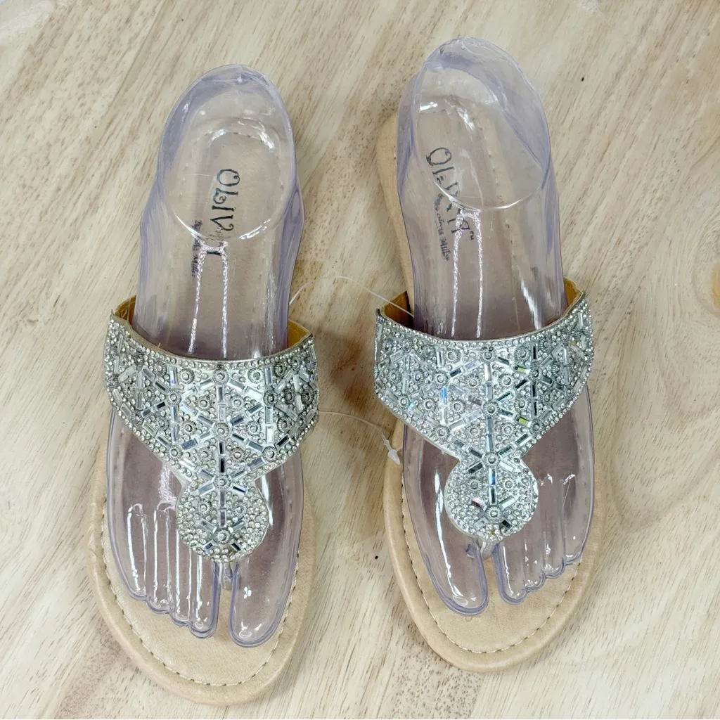 Olivia Miller Metallic Rhinestone Thong Flip Flop Sandals Silver Tan Size 6 - Image 4