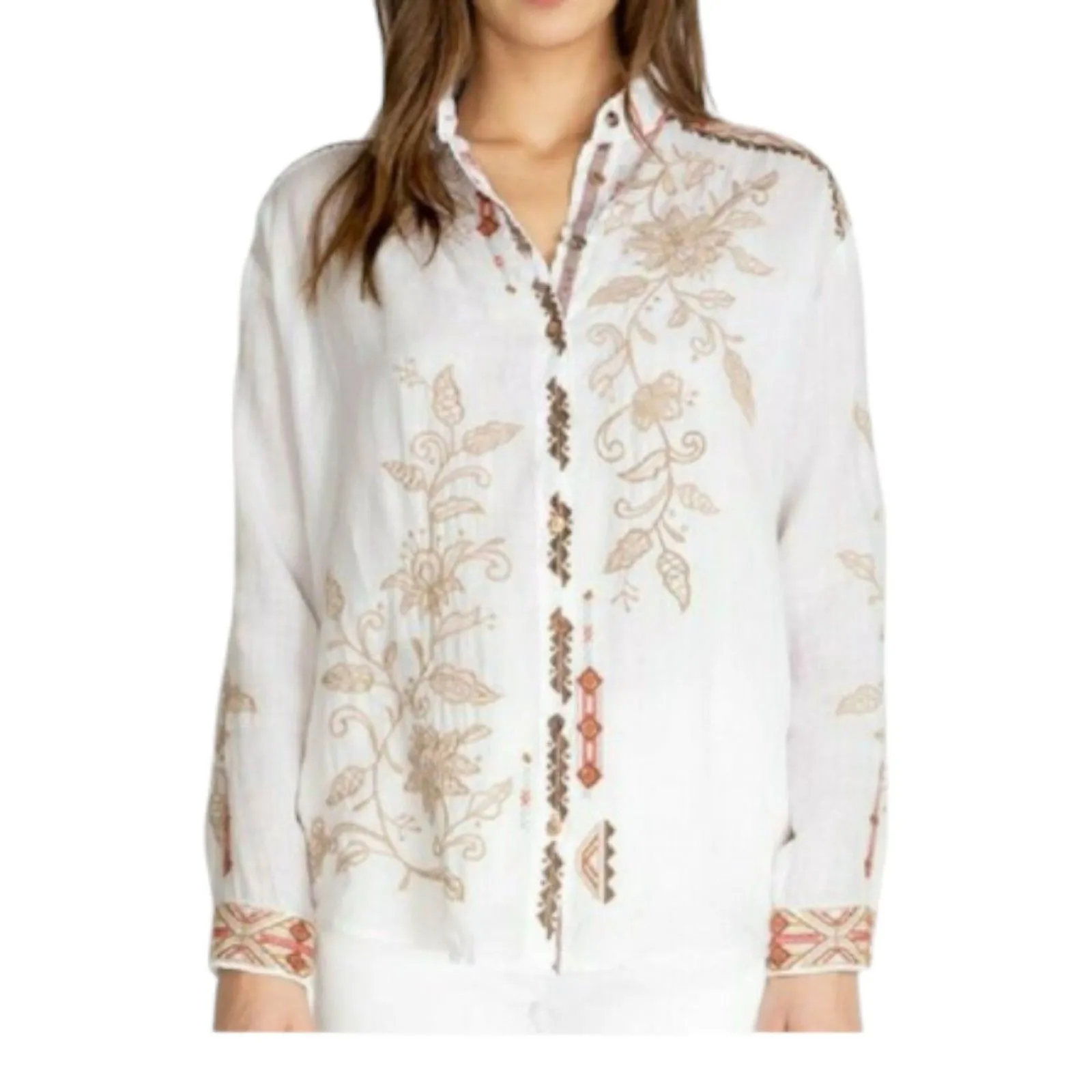 Johnny Was Workshop Chai Oversized Shirt White Embroidered Button Blouse Size XS - Image 6