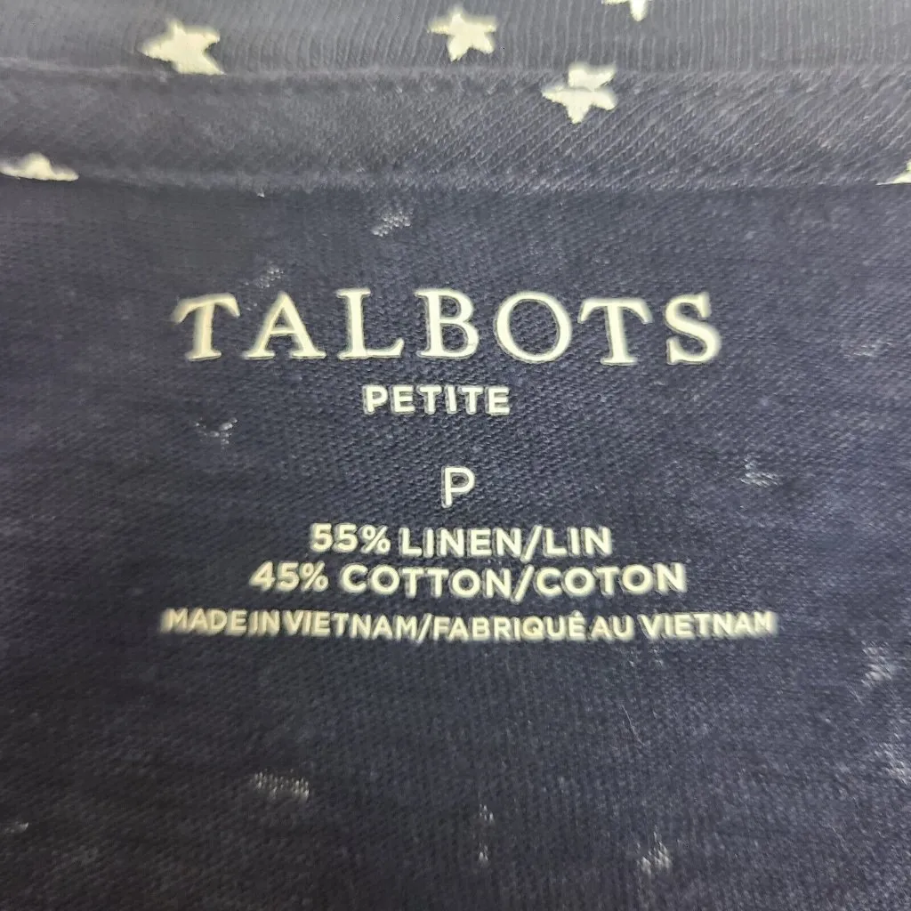 Talbots Linen BLend Womens Petite Short Sleeve‎ Blue Cuffed Sleeve V Neck - Image 2