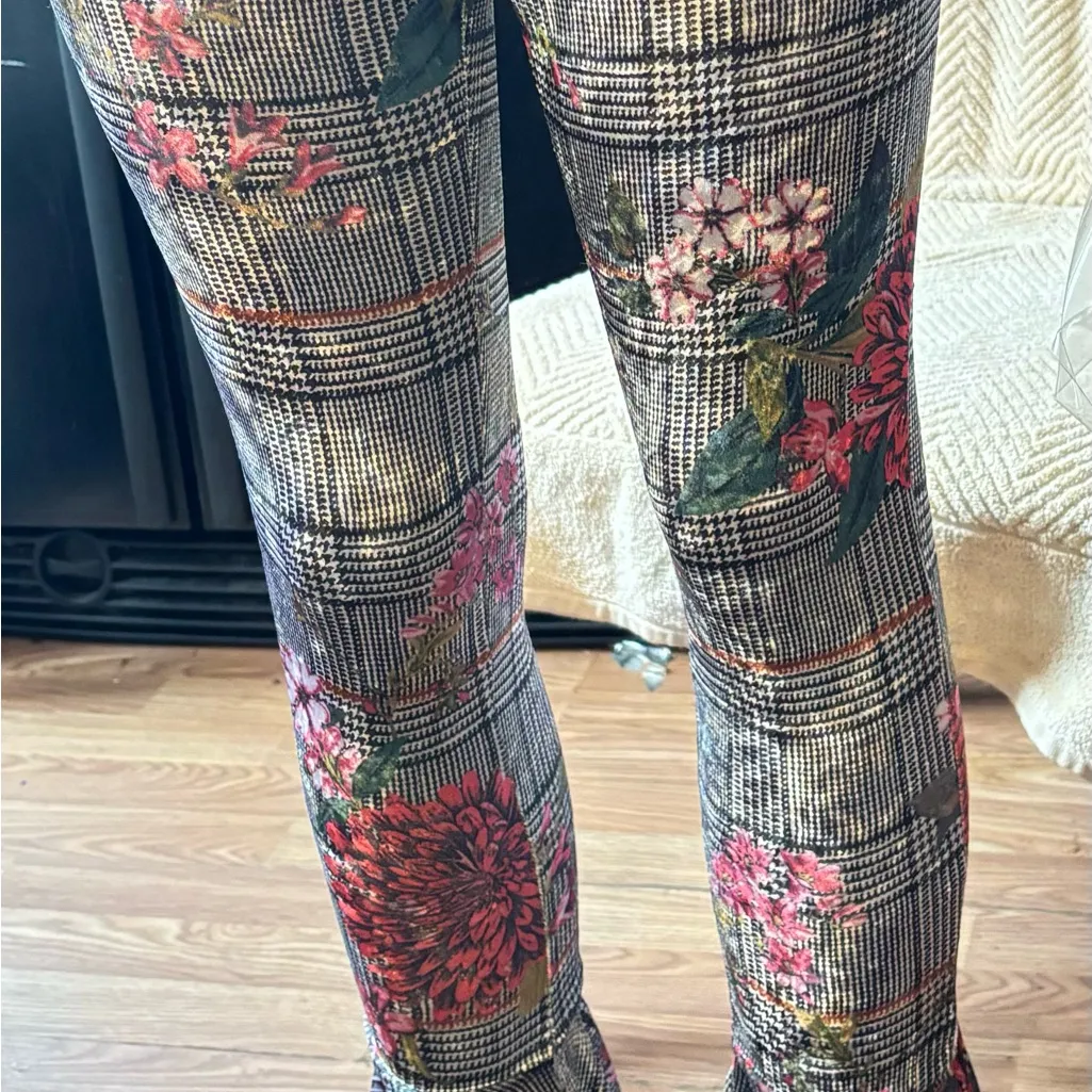 PLAID FLORAL BELL BOTTOM PANT Gray Size L - Image 5