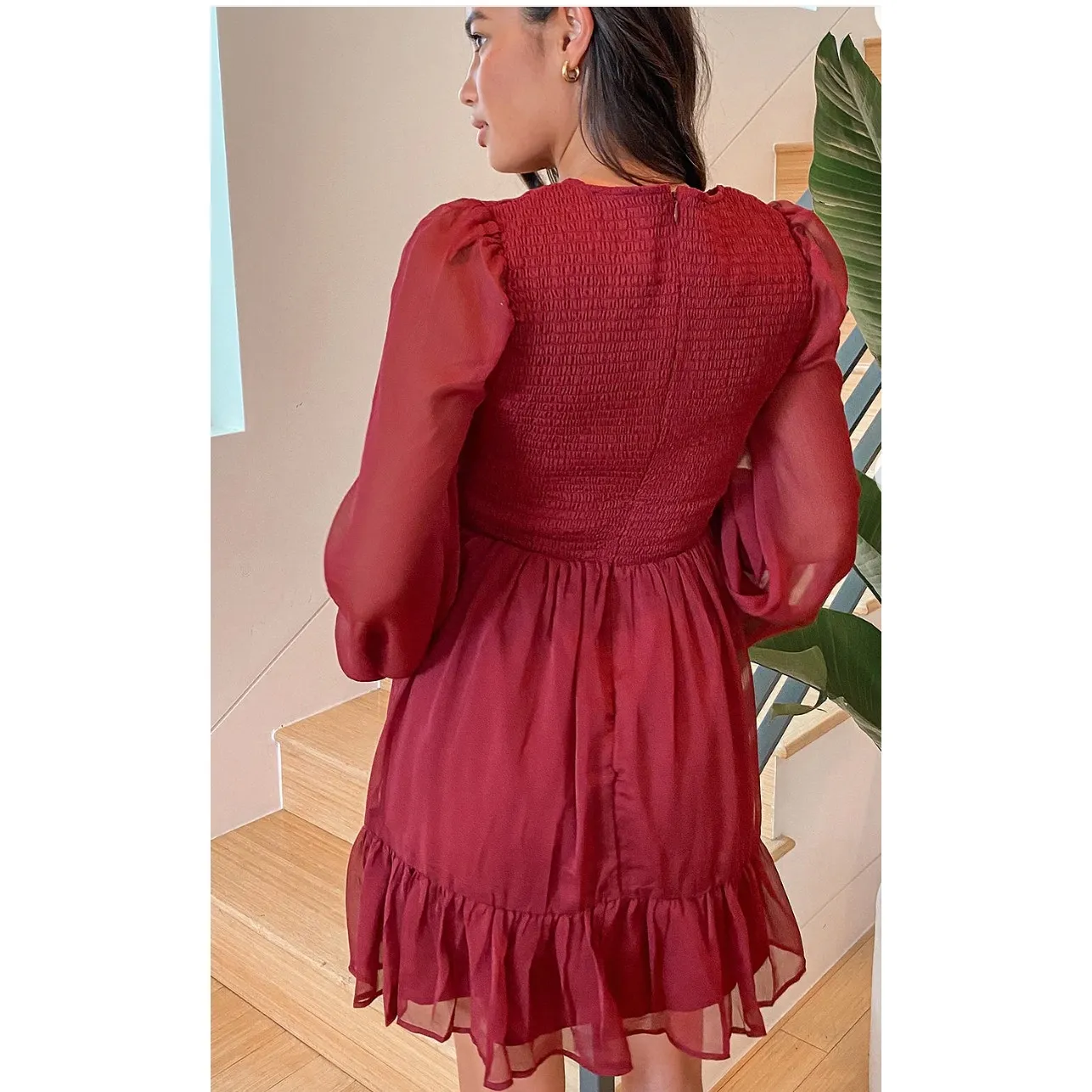 Lulus Dress Womens Small‎ Simply the Sweetest Berry Red Long Sleeve Smocked Mini - Image 5