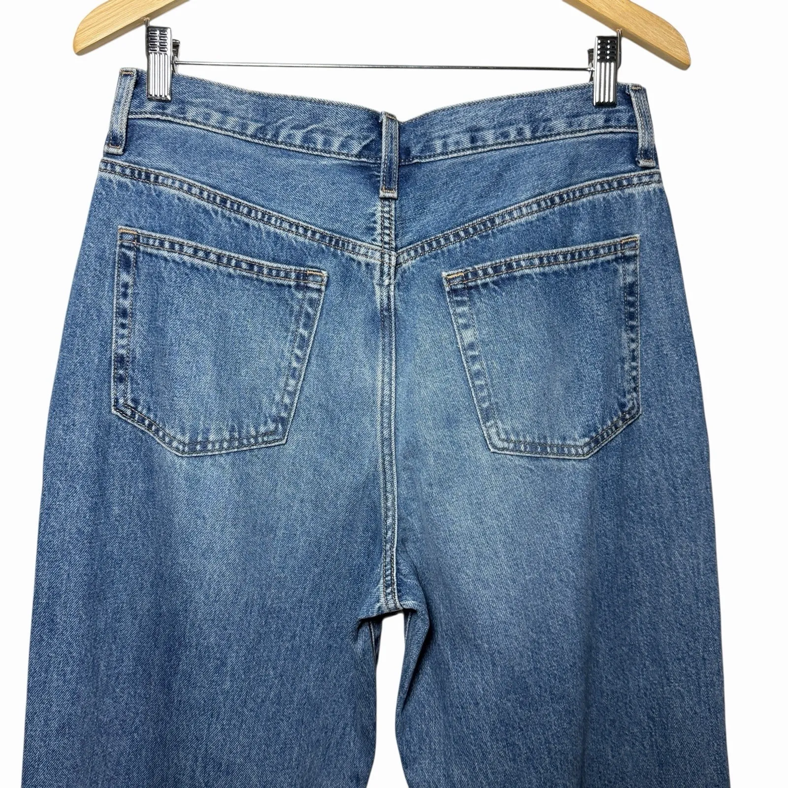 UNIQLO Womens 28 High Rise Wide Straight Leg Jeans Blue Kaihara Cotton Scandi - Image 4