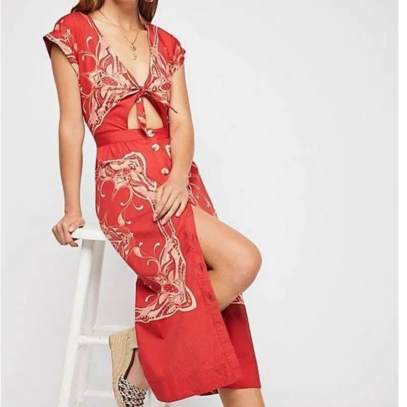 Free People Linvilla Red Bandana Button Knot Tie Front Midi Cap Sleeve Dress - Image 3