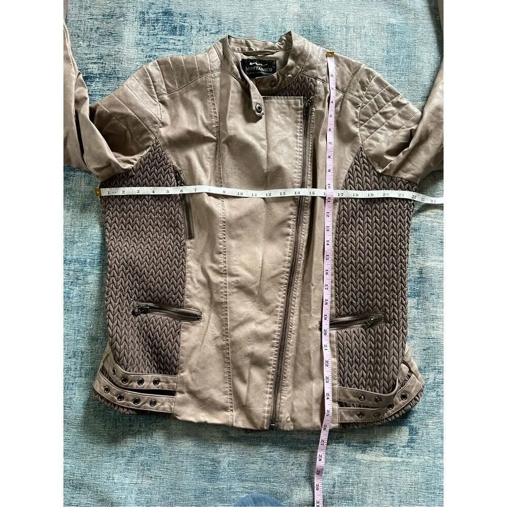 Montanaco Tan Brown Faux Leather Moto Style Jacket with Cabled Panel Inserts XL - Image 6