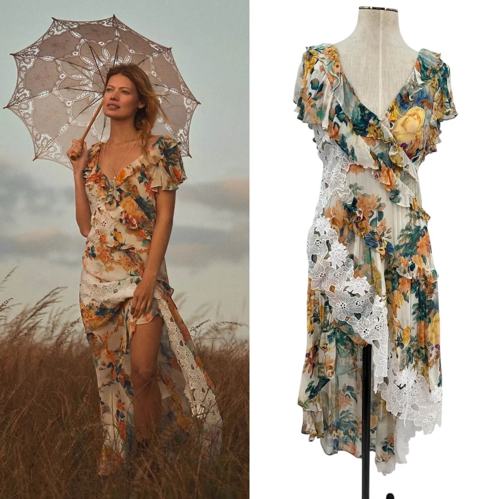 Anthropologie V-Neck‎ Ruffle Lace Slip Dress Floral White Multicolor Size US 4 - Image 2