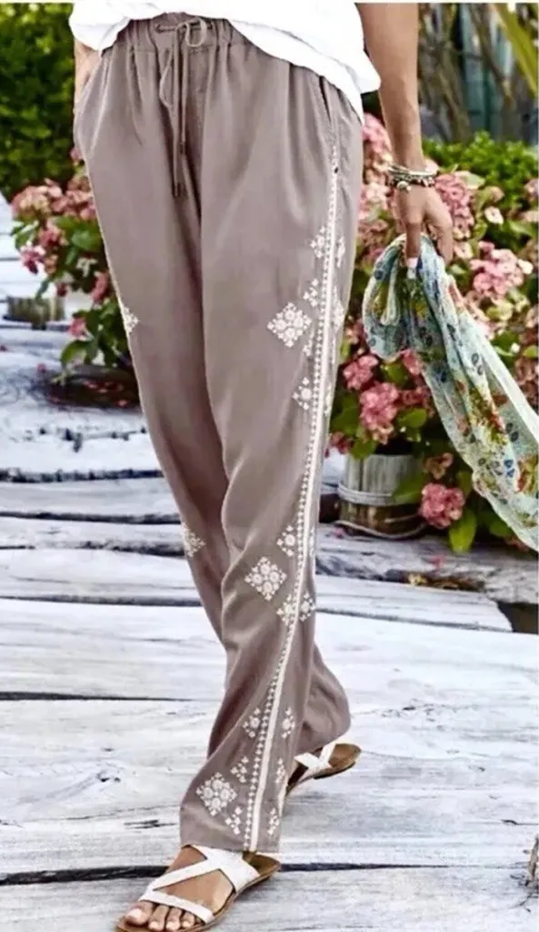 Sundance Tone It Up Embroidered Pull On Pants Taupe Medium Boho Resort Coastal Brown - Image 1