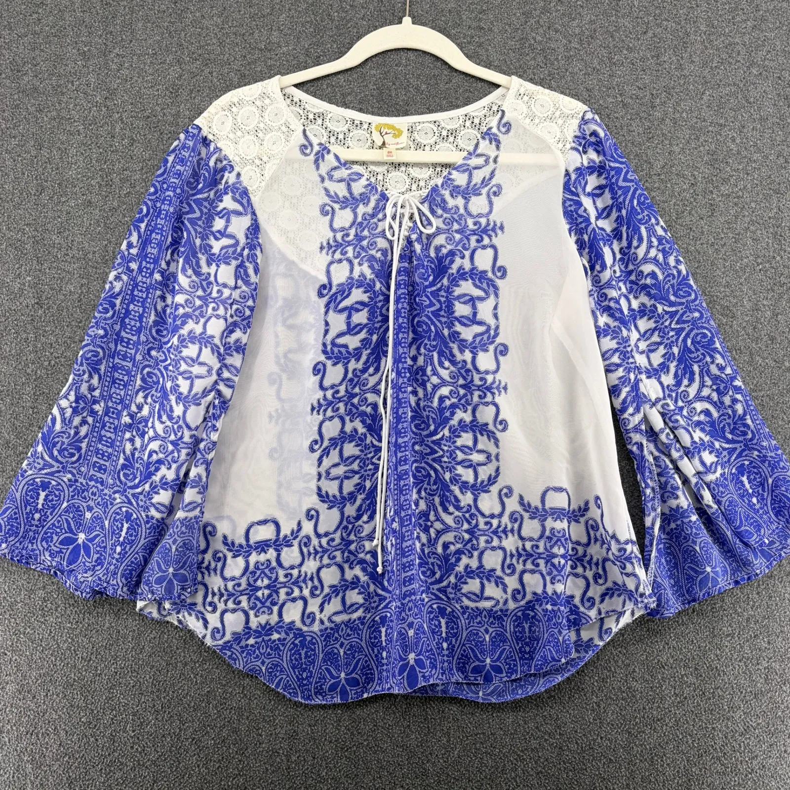 Anthropologie Fig and Flower Blue White Peasant Sheer Bell Sleeve Blouse Top Med - Image 2