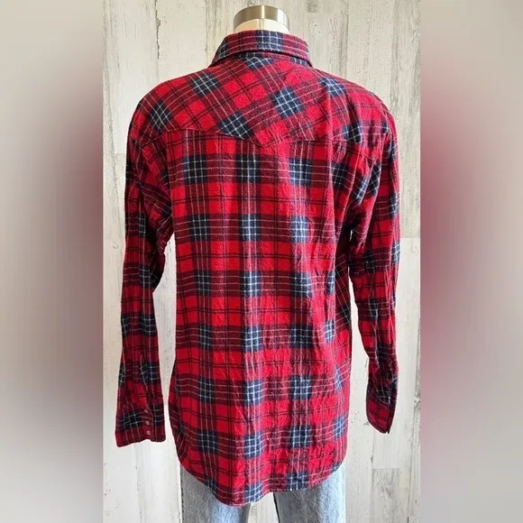 Vintage‎ Dickies Red Navy Plaid pearl Button Shirt Cozy Flannel large farm fall - Image 2