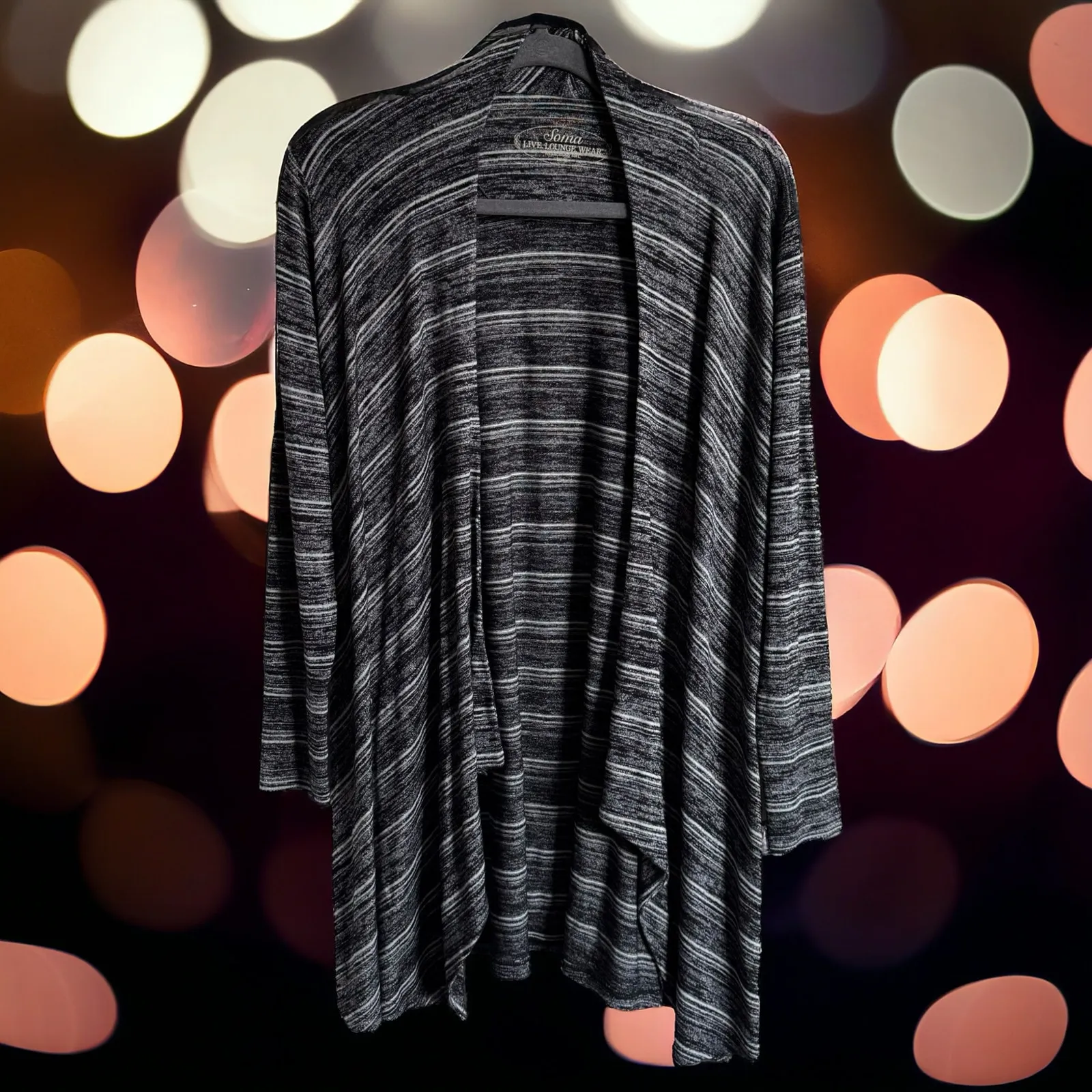 Soma Womens Cardigan Sz S Black Ivory Stripe Drape Front Wrap Melange Cozy - Image 5