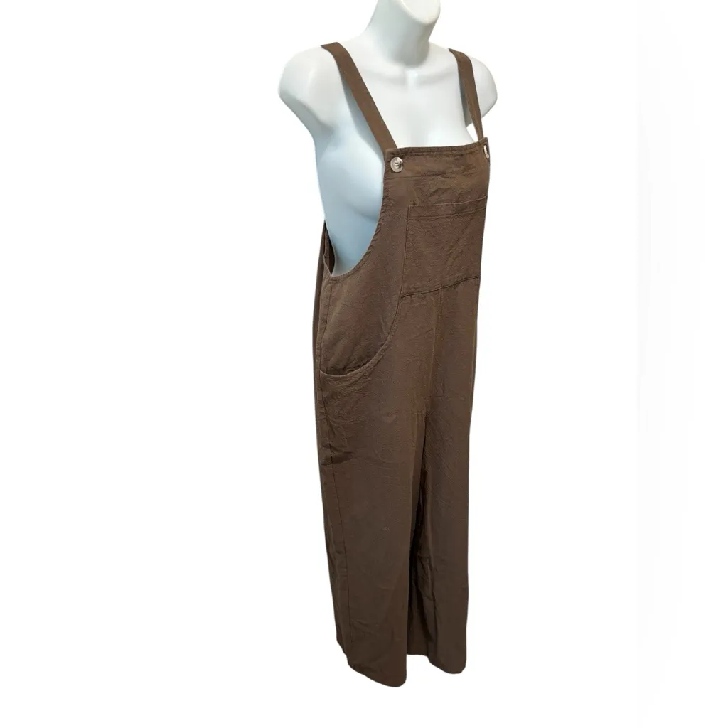 Boutique Cotton Baggy Relaxed Overall Brown Sz S Pockets Button Strap Wide Leg - Image 2