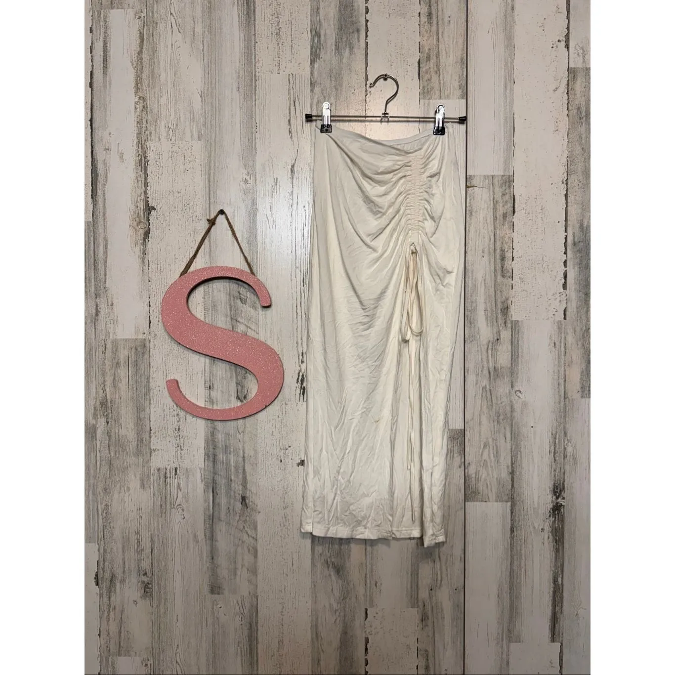 White Ruched Maxi Skirt Size Small Stretch Bodycon Drawstring Detail - Image 2