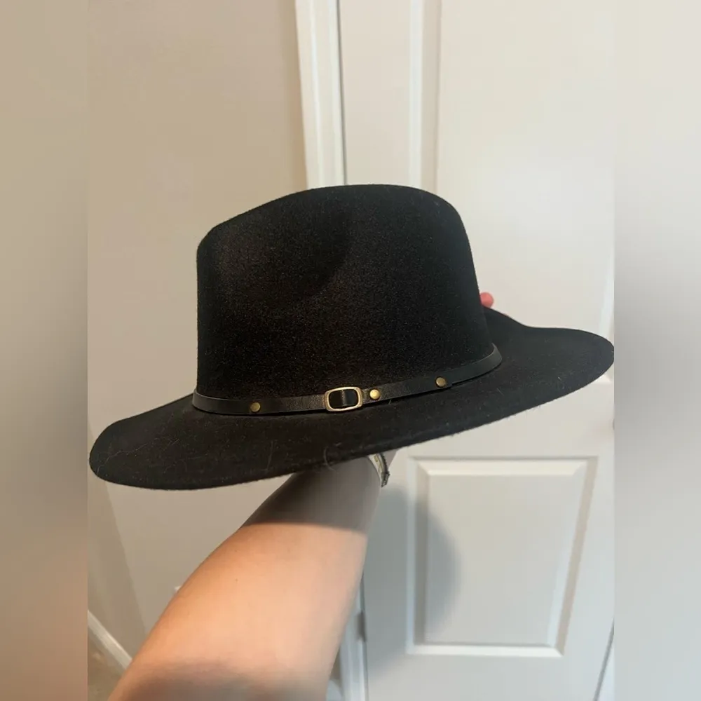 New Black Classic Wide Brim Panama Hat Belt Buckle Wool Fedora Floppy - Image 3