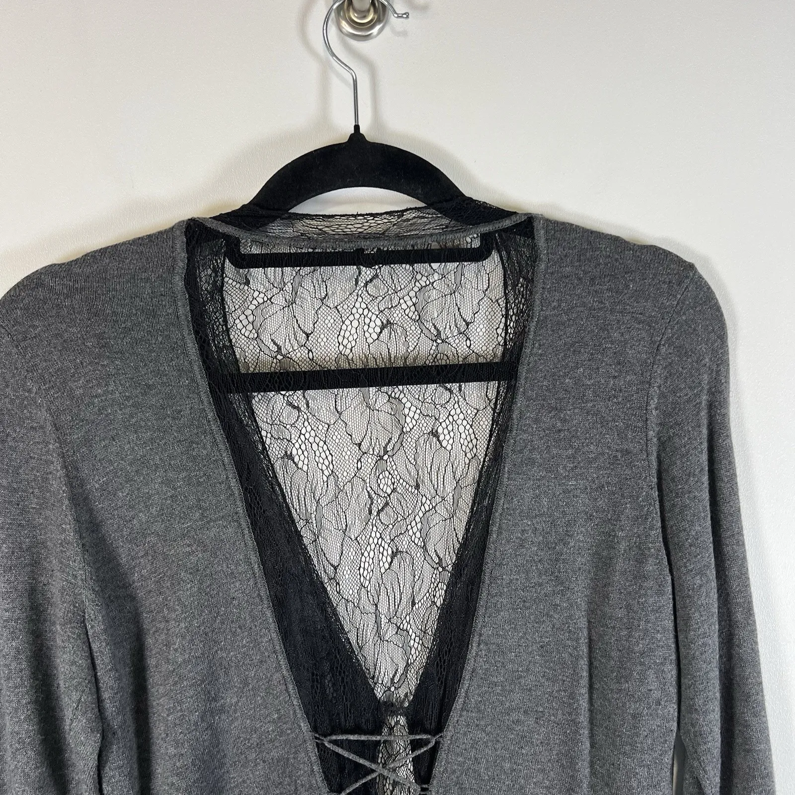 Margaret O'Leary‎ Sz M grey cashmere & silk blend 3/4 sleeve Henley sweater Lace - Image 7