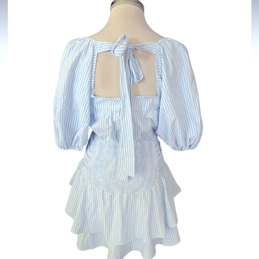 EHB Tiers To Me Light Blue Puff Sleeve Tiered Skater Mini Dress Size Small NWOT - Image 4