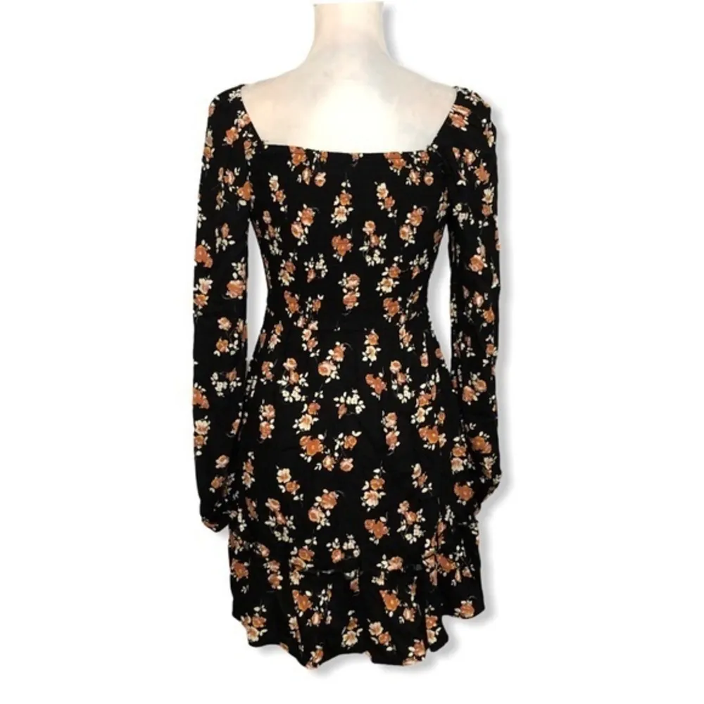 NWOT Long Sleeve Black Floral Mini Smocked Dress - Image 4