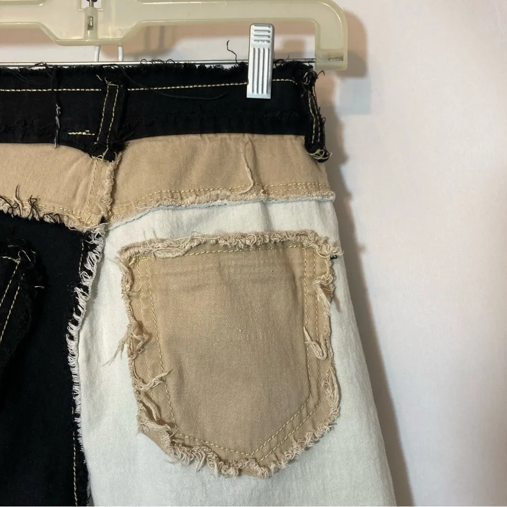 JEANS Black White Tan Patchwork Straight Leg Cut Off High Rise Jean Pants Size 27 - Image 7