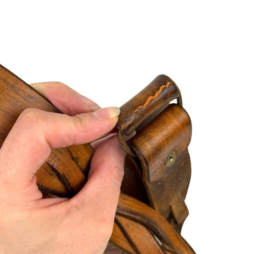 Vintage Floral Butterfly Tooled Thick Leather Braided Shoulder Bag Brown Hippie - Image 11