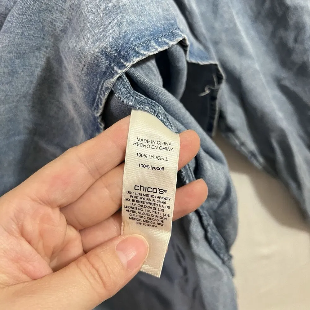 Chicos Womens Blue Top Floral Print Button Rope style Sz 3 XL  Lyocell Boho - Image 4