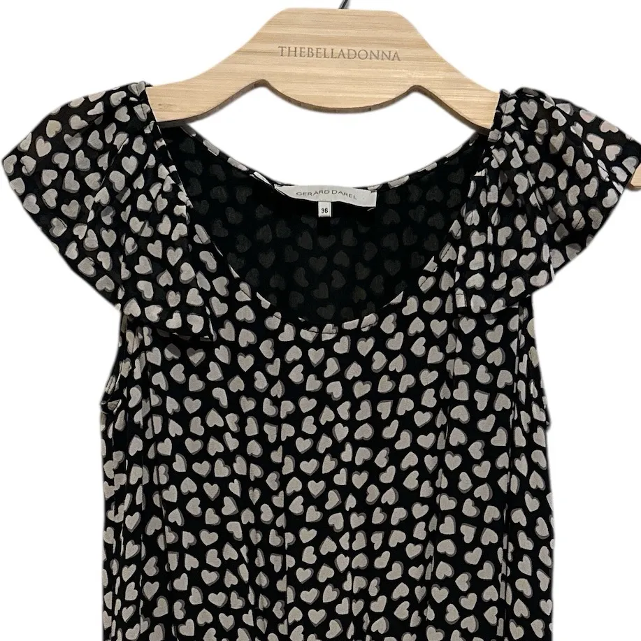 GERARD DAREL BLACK WHITE HEART RUFFLE SHORT SLEEVE PRINT DRESS 38 - Image 3