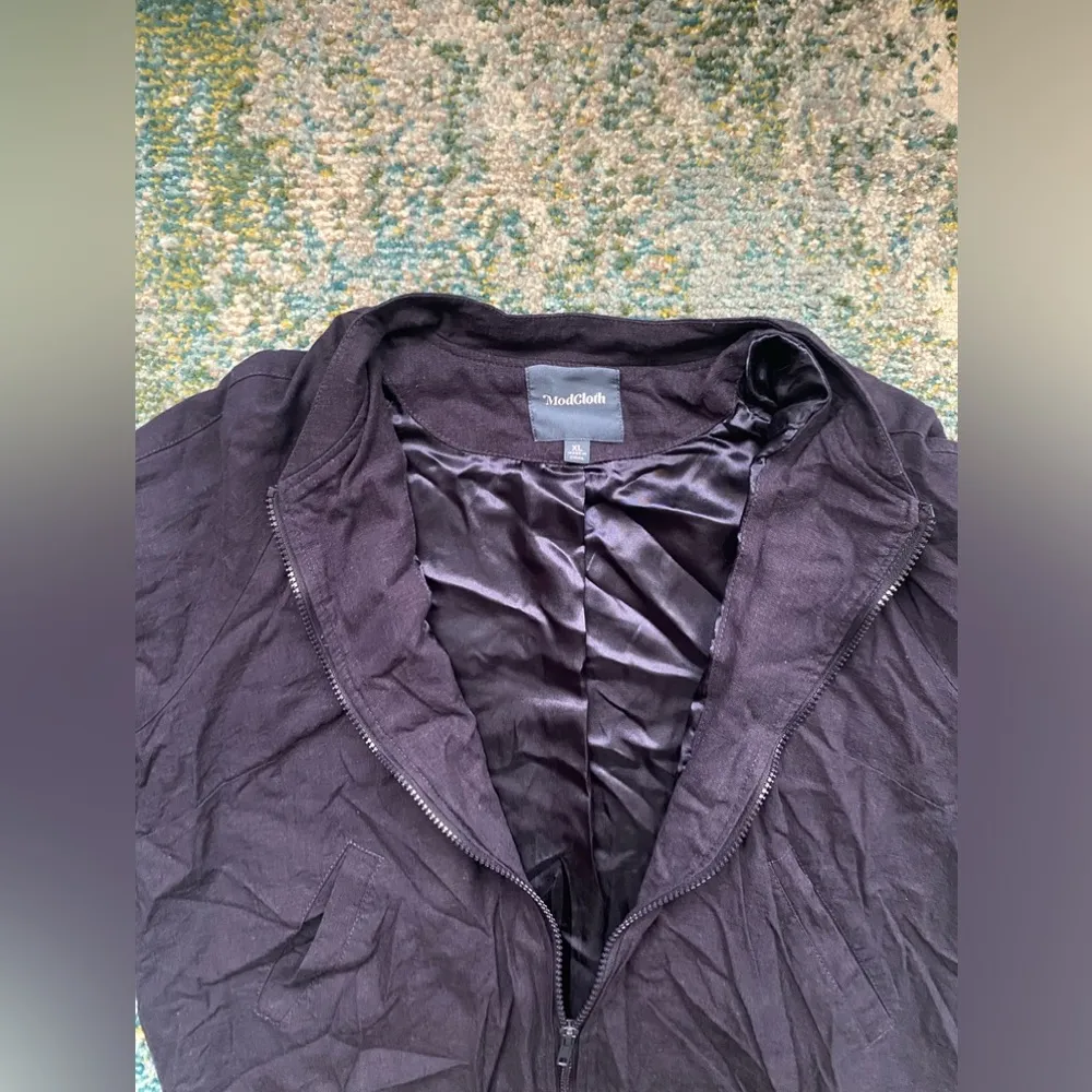 ModCloth navy blue embroidered planet stars linen blend bomber jacket, size XL - Image 4