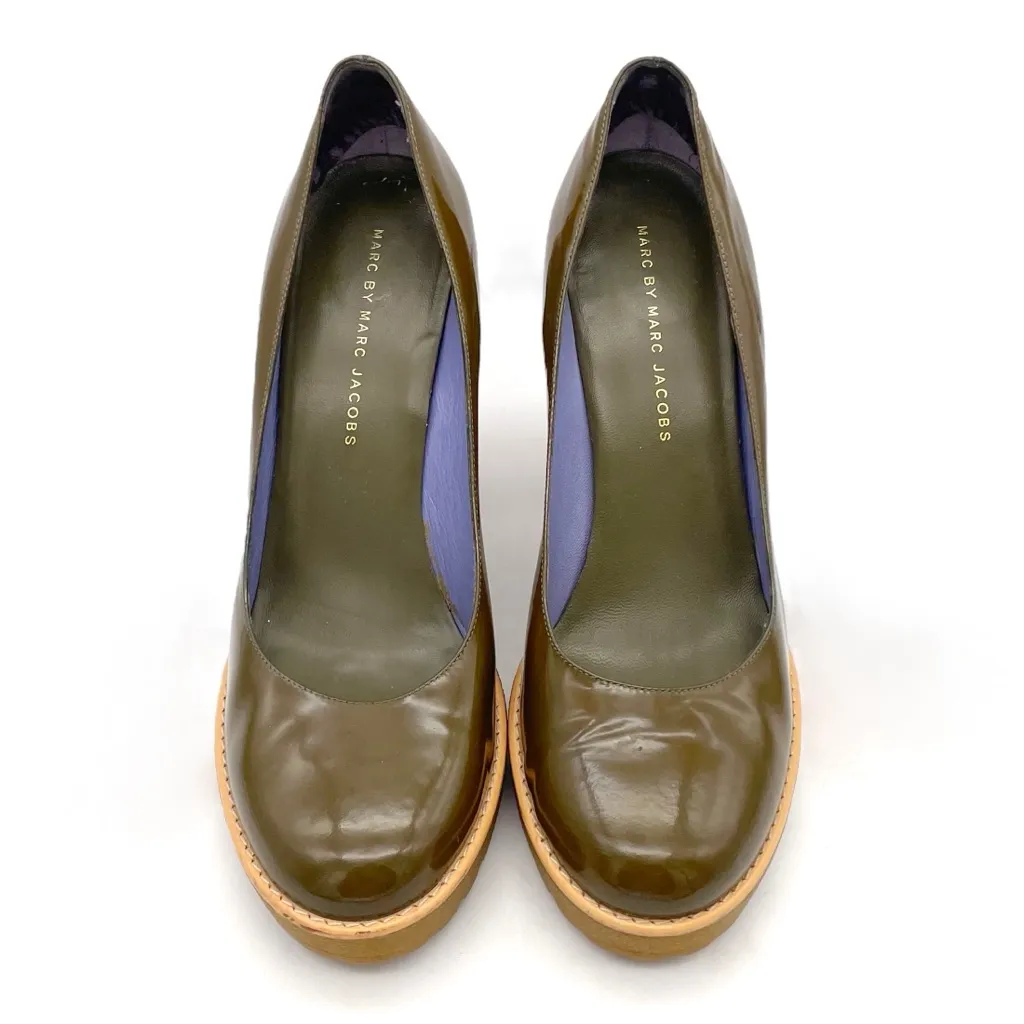 Marc by Marc Jacobs Olive Green Patent Platform Heels Size 40 Chunky Block Pumps - Image 8