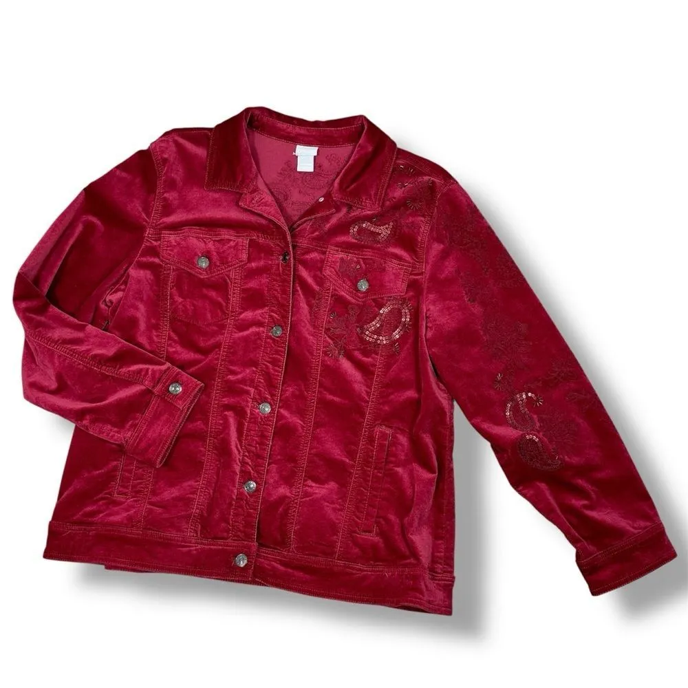 Chicos Boho Velour Paisley Embroidered Beaded Sequin Trucker Jacket Red‎ 3 XL 16 - Image 14