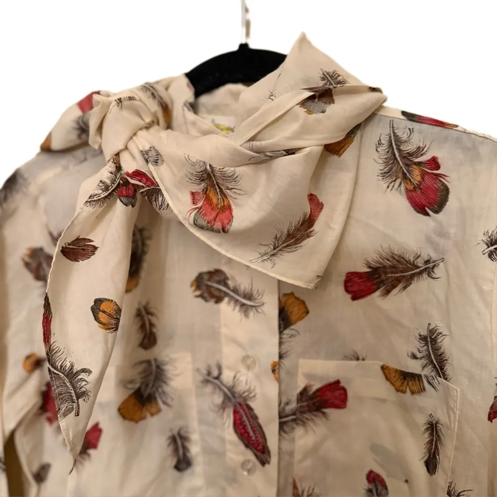 Vintage Feather Print Blouse with Built in Scarf Bow Tie Brown - Image 4