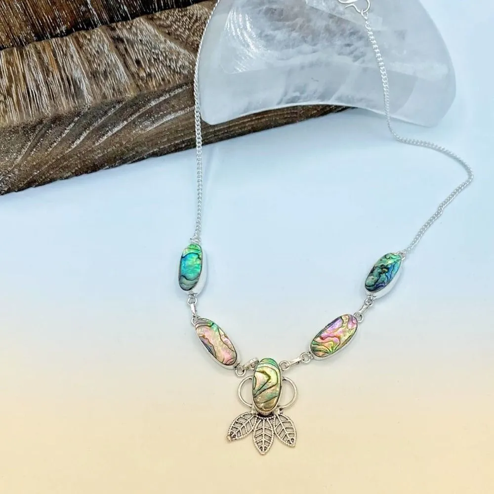 Abalone Shell Sterling Silver Boho Feather Necklace Green - Image 2