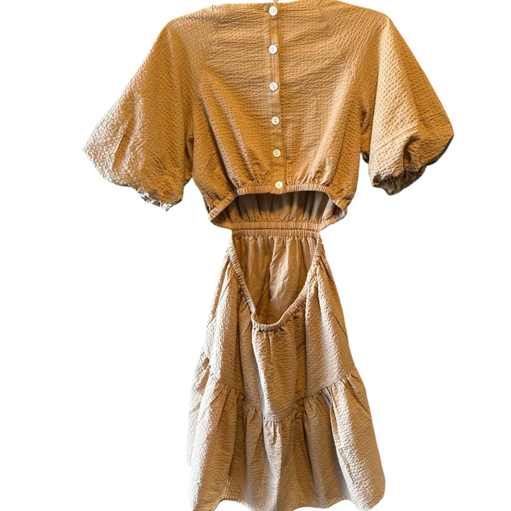 Madewell Seersucker Puff-Sleeve Cutout Mini Dress Seed Khaki Women’s Size Small - Image 7