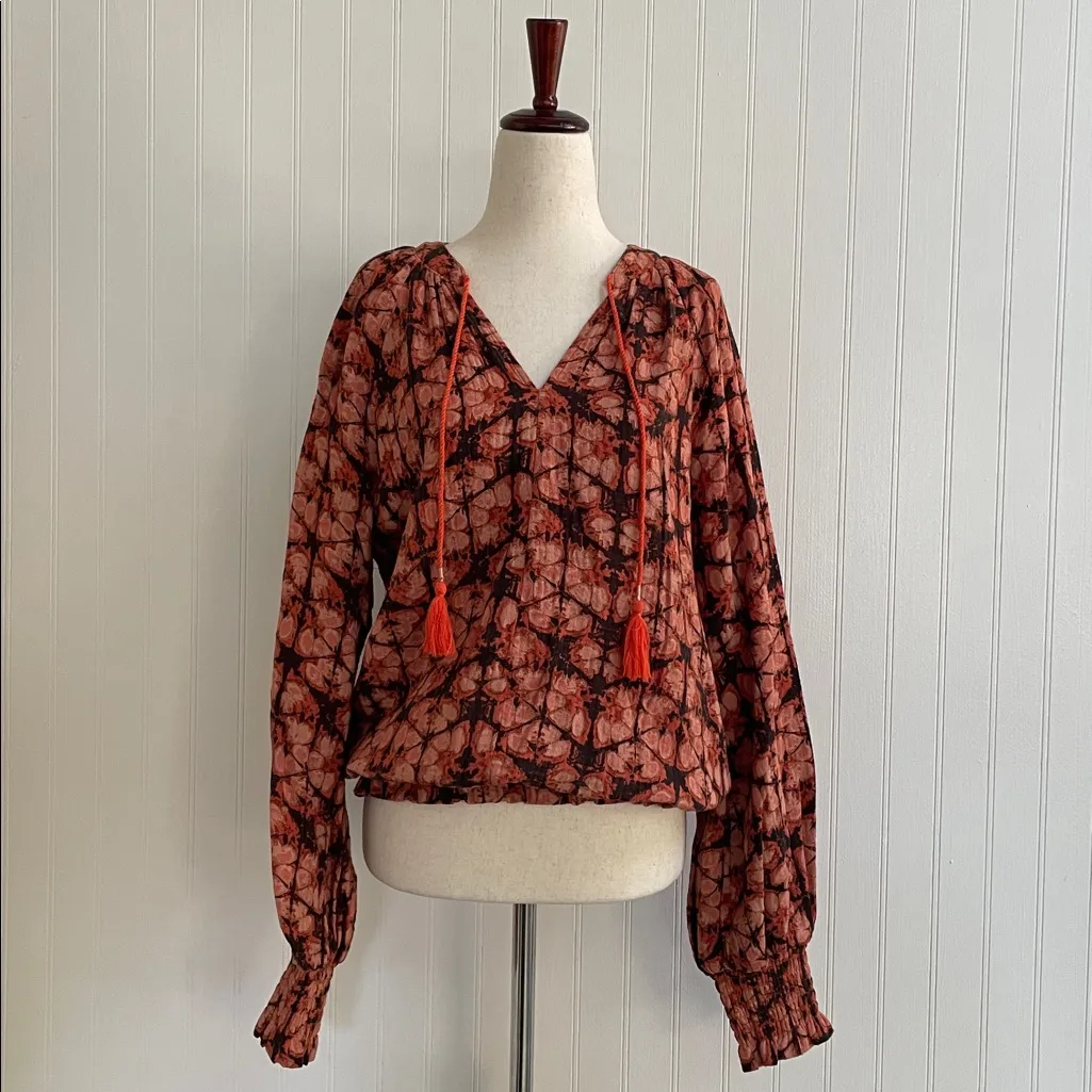 ANTHROPOLOGIE Porridge Elisabeth Peasant Blouse Tassel Boho Abstract Size M - Image 5