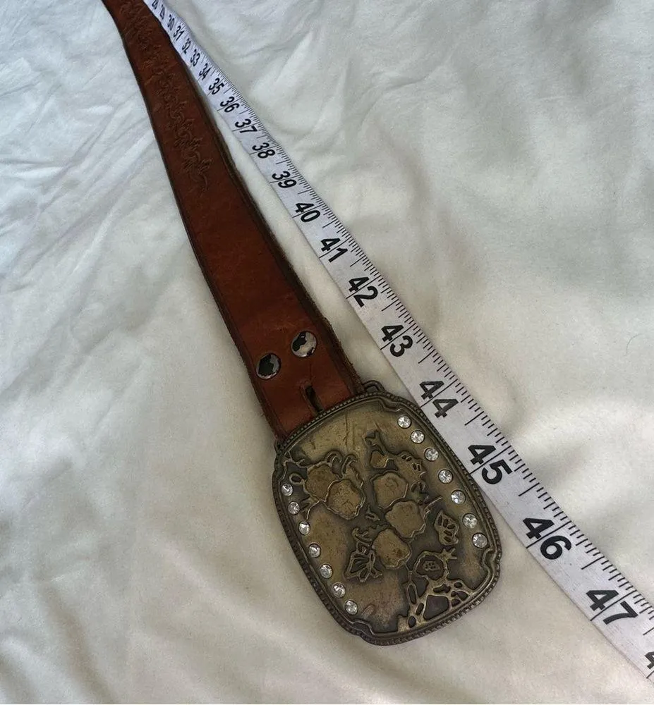 Vintage HAND TOOLED Leather WESTERN Belt XL Brown with Brass Rhinestone Buckle - Image 5