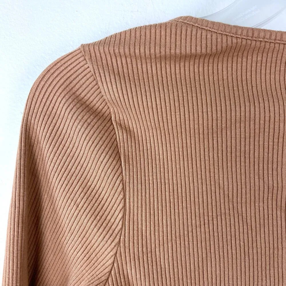 LA Luxe Brown Cardigan Pullover Front Top Connected Ribbed Long Sleeve Crop Size XS - Image 7