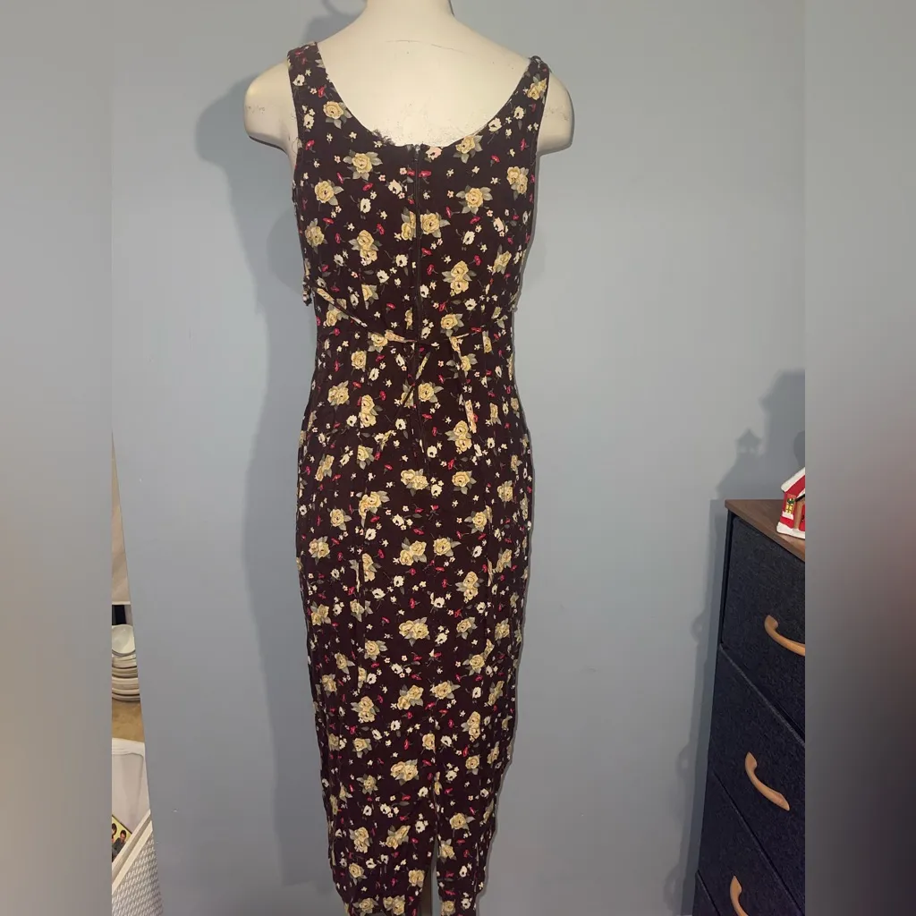 Chic Floral Midi Dress brown floral print beaded woman’s size 7 90s Y2K VINTAGE Pink - Image 3